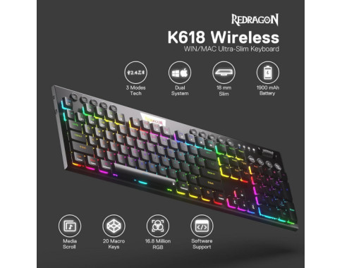 Redragon K618 PRO Wireless Low Profile Red Switches